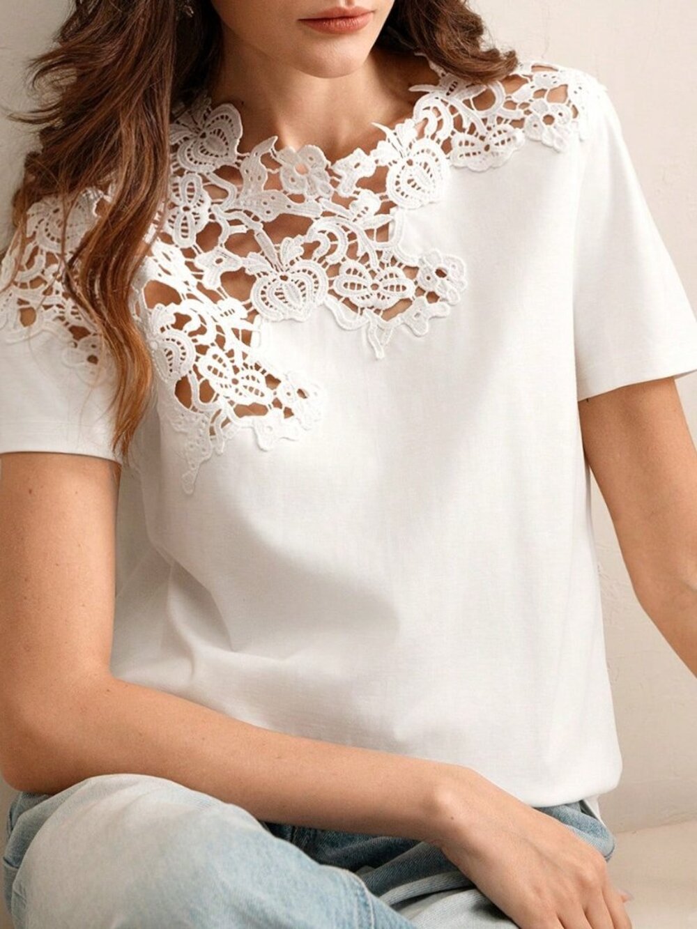 White Casual Women's Crochet Hollow-Out Short Sleeve T-Shirt - Picture 4 of 8